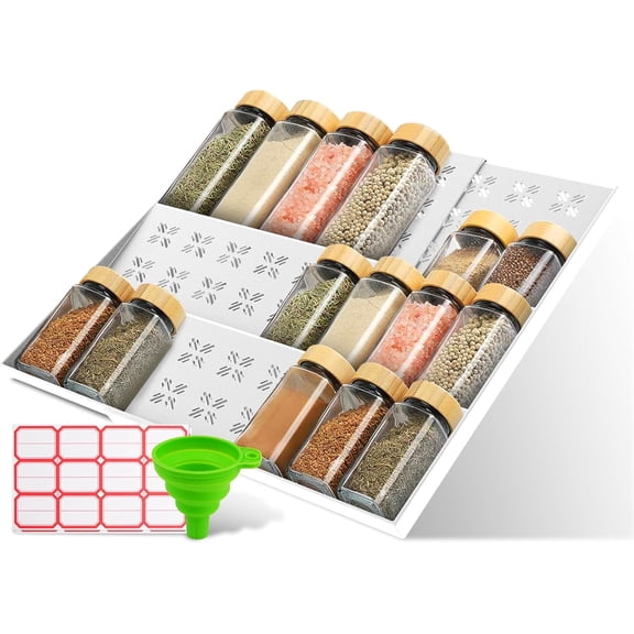 Spice Drawer Organizer 3-Tier Expandable (11"-22" Wide), Spice Rack for Cabinet with Funnel & Spice Labels, Fits Large Jars, Seasoning Storage Insert Design for Cabinet & Drawer (White)