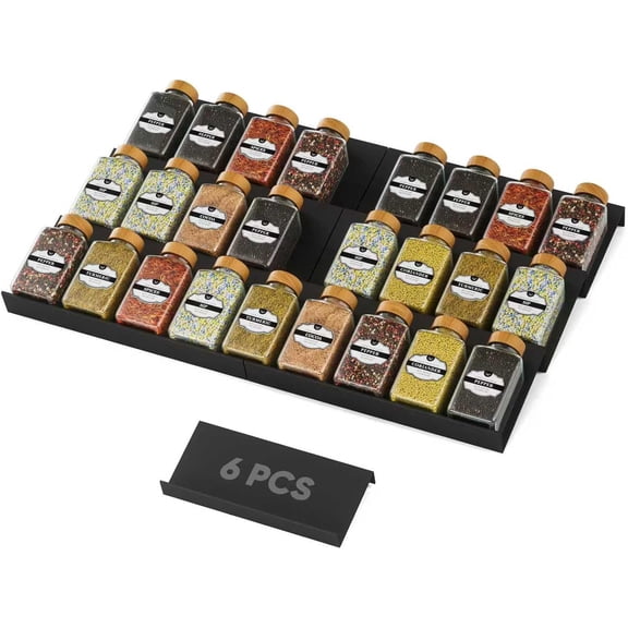Spice Drawer Organizer, Spice Rack Tray for Kitchen Cabinet, Expandable Seasoning Storage Rack Insert for Drawer/Countertop,6 Pieces Set, ABS (Jars Not Included)