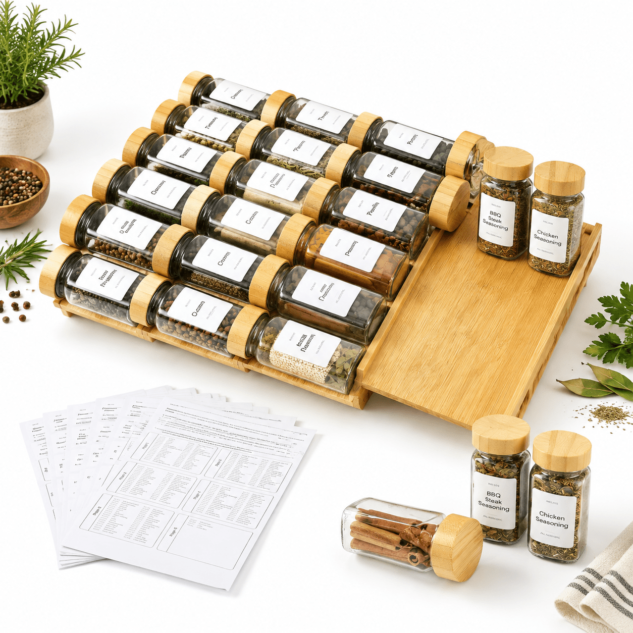 Spice Drawer Organizer With 20-lidded Jars 216 Labels 25 Non-slip ...