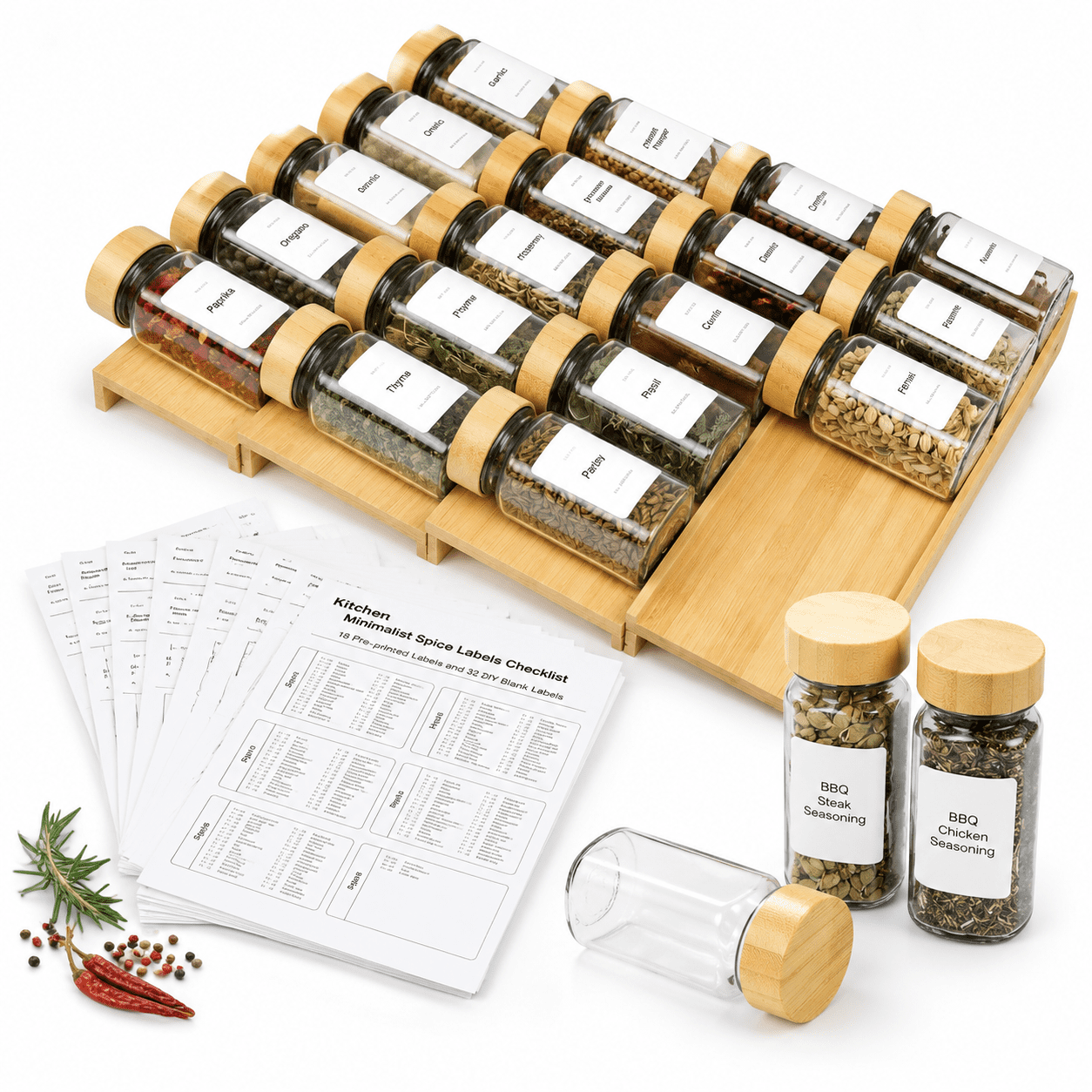 Spice Drawer Organizer With 24-lidded Jars 216 Labels 25 Non-slip ...