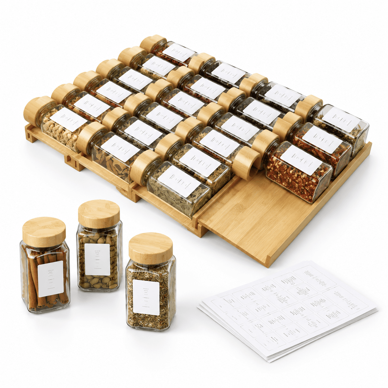 Spice Drawer Organizer With 28-lidded Jars And 216 Labels Non-slip ...