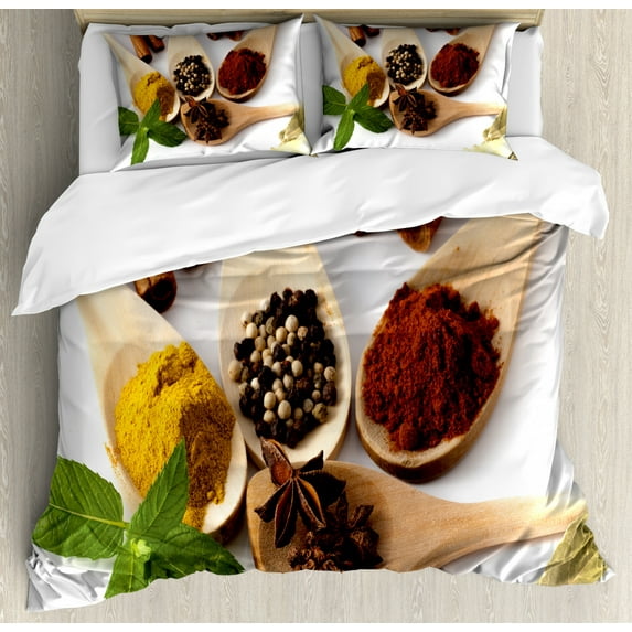 Spice Duvet Cover Set Queen Size, Artistically Arranged in Spoons with Cinnamon Sticks and Leaves Healthy Lifestyle, Decorative 3 Piece Bedding Set with 2 Pillow Shams, Multicolor, by Ambesonne