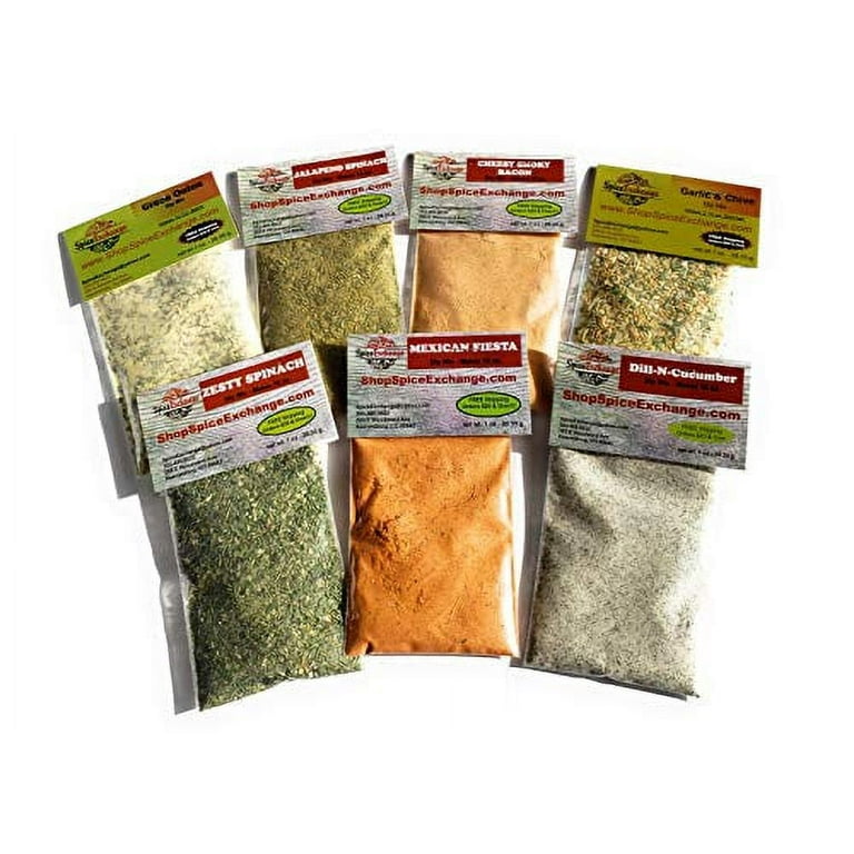 https://i5.walmartimages.com/seo/Spice-Exchange-Dip-Mix-7-Flavor-Variety-Pack-Green-Onion-Cheesy-Smoky-Bacon-Jalapeno-Spinach-Garlic-Chive-Zesty-Mexican-Fiesta-Dill-N-Cucumber_bcfa8455-f1b7-4952-aa39-80217977427d.43f4fee8b02d6363297f59a51de4fd58.jpeg?odnHeight=768&odnWidth=768&odnBg=FFFFFF