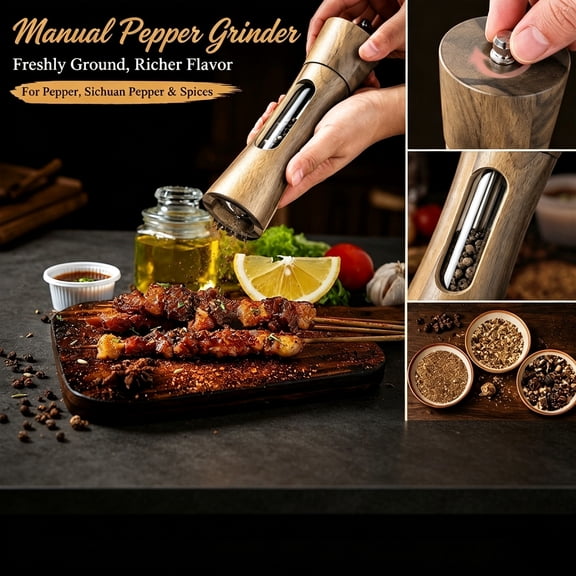 Spice Grinder, Adjustable Coarseness Salt Mill with Visible Window, Durable Acacia Wood Spice Grinder for Home Kitchen, Dining Table, Barbecue Cooking, 8 Inch Manual Tool