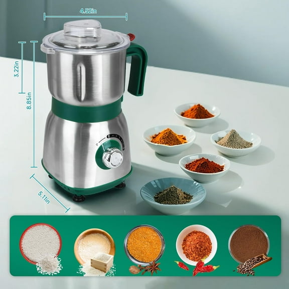 Spice Grinder Electric, Herb Nut Grinder for Kitchen, Detachable Espresso Grinders with Stainless Steel Blades, Filter and Brush, 500w Dry and Wet Grain Mill for Coffee,Rice,Bean,Seasoning (Green-X)
