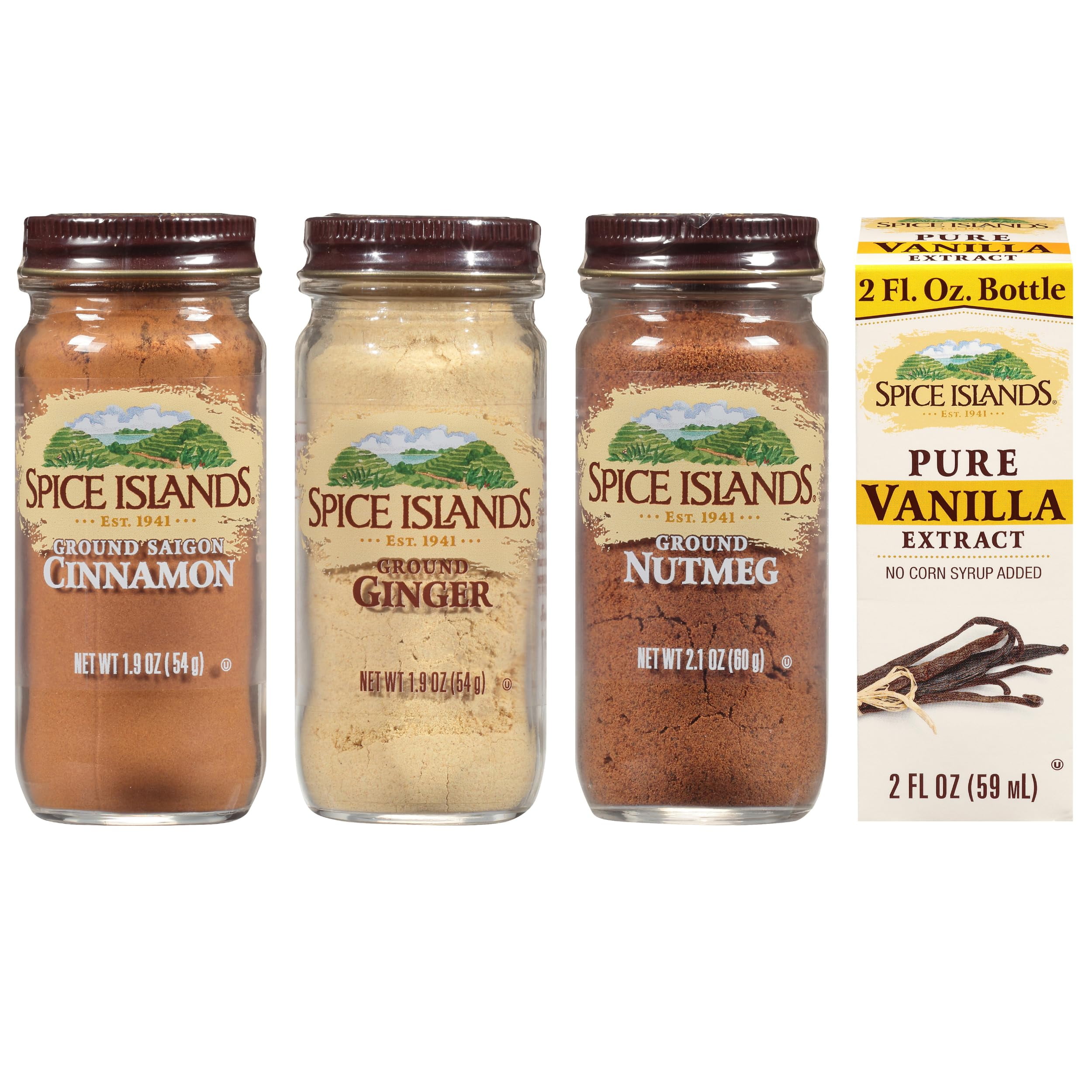 Spice Islands Essential Baking Spice Set with Ground Ginger, Ground Cinnamon, Ground Nutmeg, and Pure VanillaZS1