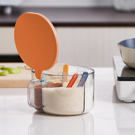 Spice Jar under $5! Yrmaups Sealed Spice Jar with Spoon, 4 Compartment Seasoning Storage Box, Airtight Condiment Organizer for Kitchen, Transparent Spice Container for Countertop