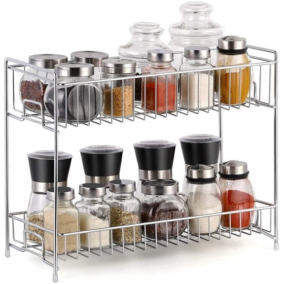 Spice Jar Bottle Holder Fixing Rack Kitchen 2 Layer Storage, Silver Plating