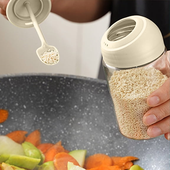Spice Jar Storage Container - Integrated Spoon Lid Design, Hygienic Glass Construction, Easy-Clean Kitchen Seasoning Organizer