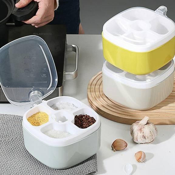 Spice Jars with 4 Compartments, Plastic Seasoning Containers with Handles and Dividers, 200g Capacity in Yellow Blue Beige, Non-mix Storage & Easy-pour Lids for Kitchen Counter Organization