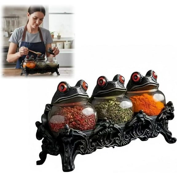 Spice Jars Gothic Witchy Frog 3-Piece Handcrafted Glass Containers with Frog Lids for Seasonings & Kitchen Witch Decor