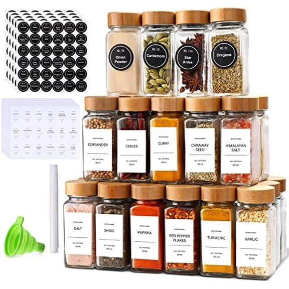 Spice Jars with Label 24Pcs,Seasoning Containers,Glass Spice Jars with Bamboo Lids,Kitchen Essentials,Spices Container Set,Kitchen Set,Seasoning Organizer,Spice Rack Organizer for Cabinet