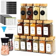 Spice Jars with Labels, 24 Pcs 4oz Glass Spice Jars with Bamboo Lid and 648 Waterproof Printed Labels, 2 Salt and Pepper Grinder Set, Empty Spice Containers Bottles for Pantry,Cabinet,Drawer