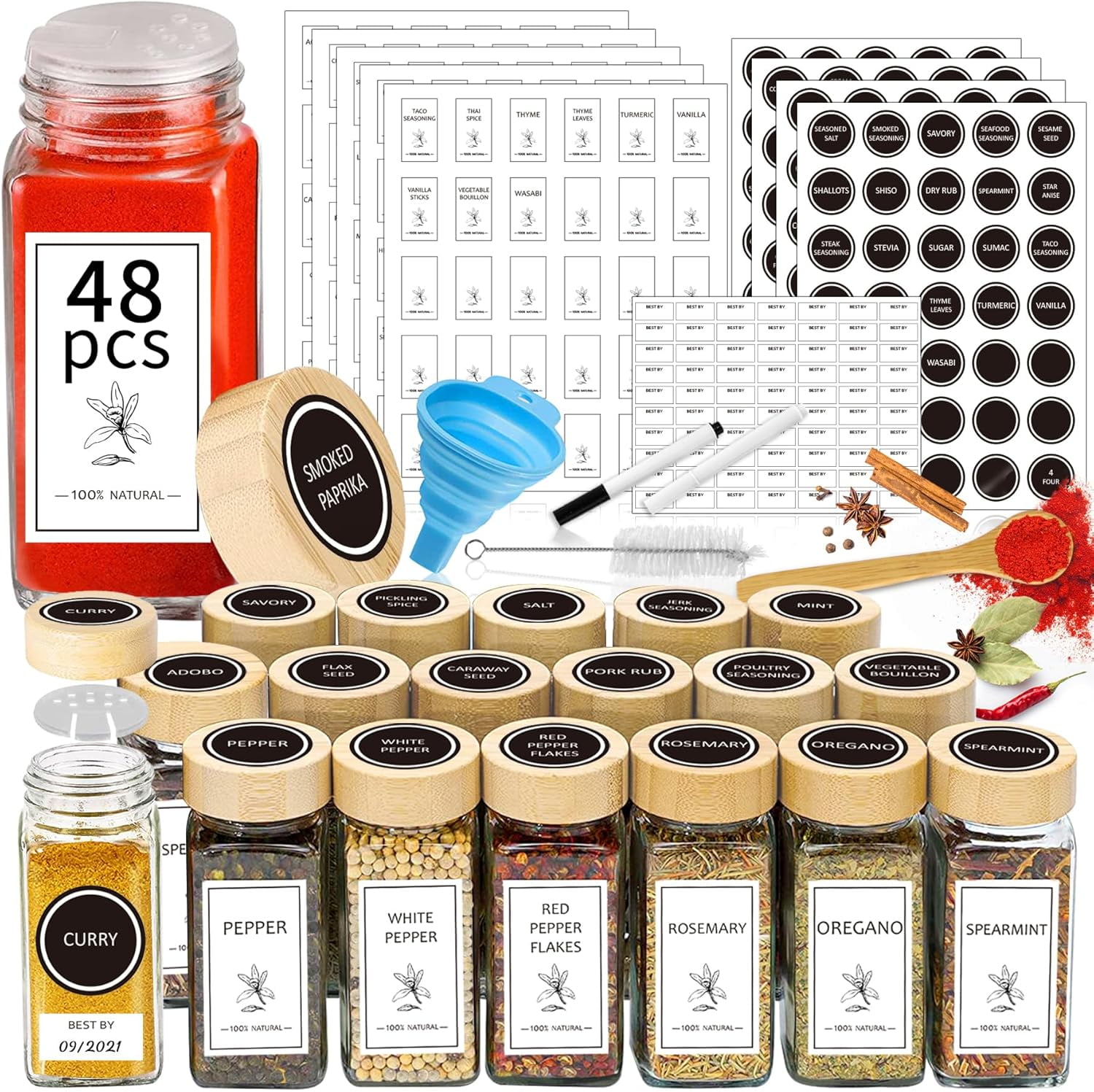 Zubebe 32-Piece Glass Spice Jars With Bamboo Lids - 7 Oz, Airtight, Includes 660 Labels For Kitchen Organization