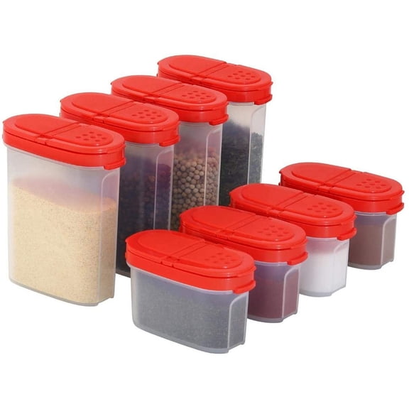 Spice Jars with Lids -8 and 4 oz Refillable Empty Airtight Spice/Seasoning Containers Set -2 in 1 Pour/Sift Shaker Lids Clear Plastic Spice/Seasoning Organizer Kitchen/Travel 8 pk.Red
