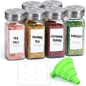 Spice Jars with Shaker lids Adjustable, 4oz 6PCS, 9 DIY Labels, Spice Jars Trial Set & Supplement Set, Empty Ingredient Containers and Square Ingredient Bottles for Kitchen and Seasoning