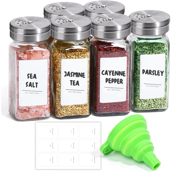 Spice Jars with Shaker lids Adjustable, 4oz 6PCS, 9 DIY Labels, Spice Jars Trial Set & Supplement Set, Empty Ingredient Containers and Square Ingredient Bottles for Kitchen and Seasoning