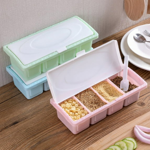 Spice Jars Storage Containers, Airtight Plastic Seasoning Set, Lids + Spoons, Kitchen Pantry Organizer, Countertop Cooking Use, Compartmentalized Design, Pantry Essentials Akmoler | Blue