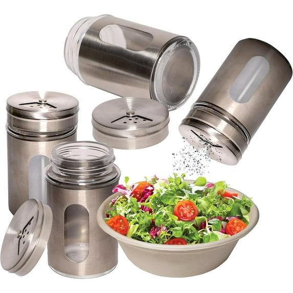 Spice Jars with Window - 3oz Spice Bottles with Shaker Lids, Empty Seasoning Containers with Adjustable Pour Holes for Kitchen, Spice, Storage, Stainless Steel Top Flow Salt & Pepper Shakers (9)