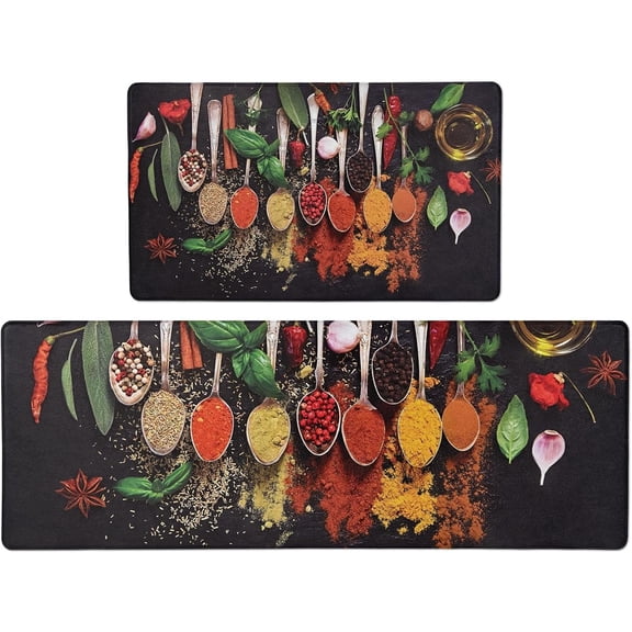 Spice Kitchen Rugs Sets of 2, Anti-Fatigue Black Kitchen Mats for Floor Non-Slip Spicy Art Waterproof Kitchen Mat Washable for Kitchen Laundry 17.3x29.5+17.3x47.2 Inch