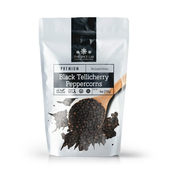 The Spice Lab Peppercorns - Tellicherry Whole Black Peppercorns for Grinder Refill - Steam Sterilized Kosher Packed in the USA - All Natural Black Pepper - 4 Ounce Resealable Bag - 5015