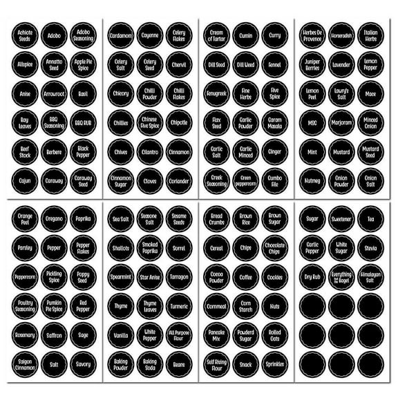 Spice Label Stickers for Pantry Organization, PVC Material with Easy Peel and Stick, Multiple Designs for Various Foods, Helps in Kitchen Management, Set of 144 Labels