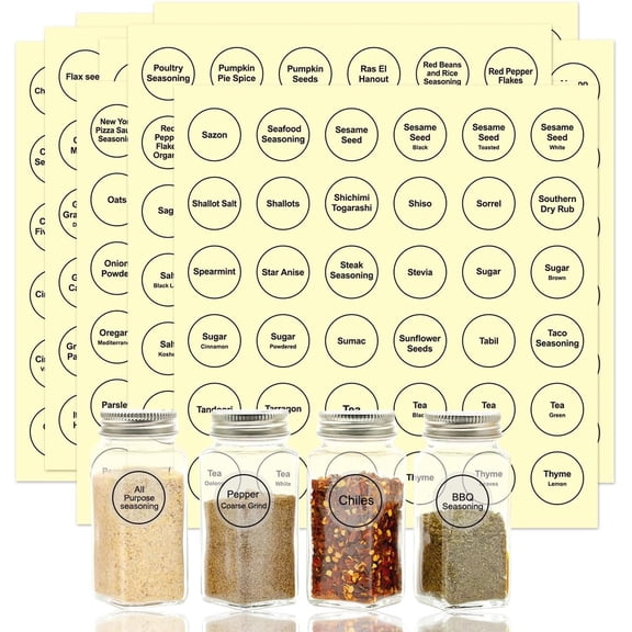 Spice Labels, 432Pcs Spice Labels Stickers 1.4in Waterproof Adhesive Round Preprinted Spice with Blank Label Black Tear Resistant Sticker for Kitchen Jars Caps Food Containers Organizers
