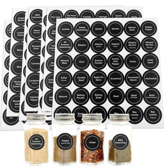 Spice Labels 432Pcs Waterproof Round Stickers, Preprinted and Blank Adhesive Labels for Kitchen Jars Caps Containers Organizers, Black
