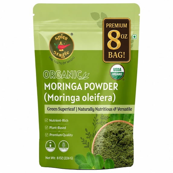 Spice Magic Organic Moringa Leaf Powder 8 oz (227 g) | USDA Organic Moringa Patta | Finely Ground | Lab Tested | Resealable Pouch