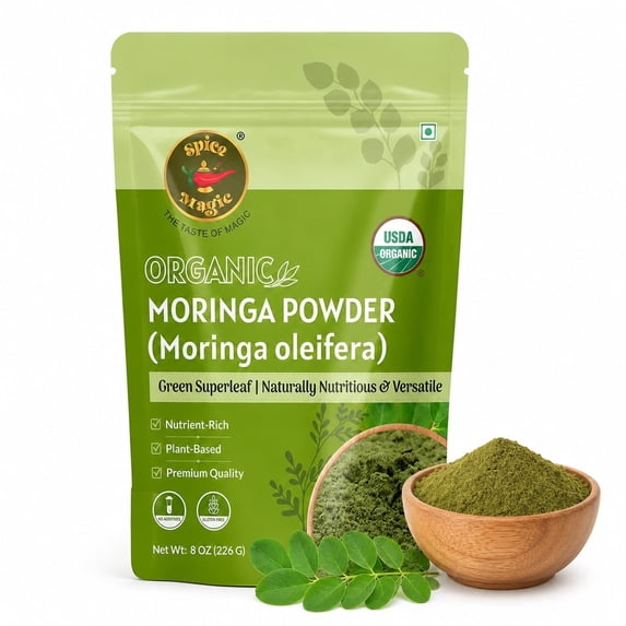 Spice Magic Organic Moringa Leaf Powder 8 oz (227 g) | USDA Organic Moringa Patta | Finely Ground | Lab Tested | Resealable Pouch