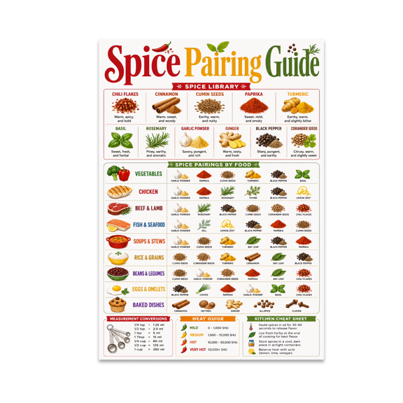 Spice Pairing Guide Poster - Kitchen Reference Chart - 13x19 Glossy Print