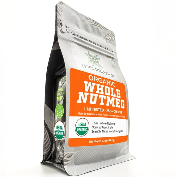 Spice Profile USDA Organic Whole Nutmeg, Lab Tested for Heavy Metals, Resealable 3.5 oz Pouch, Jaiphal, Nuez Moscada