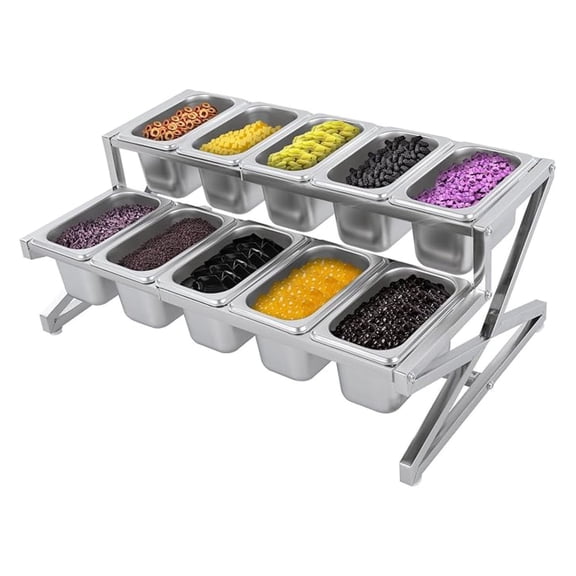 Spice Rack, 10x1/9 Stackable Pans (Per 1.5L/1.59Qt) Expandable Seasoning Rack w/ Lids & Ladles, 10-compartment High-low 2-tier Sauce Shelf, Kitchen Counter Stainless Steel Organizer, 14-25.6*14*7.9in