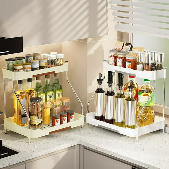 Spice Rack Counter Organizer, Multi-Tier Shelf, Easy Access Design, Pantry Condiment Display, Home Kitchen Storage, Spice Bottle Holder, Kitchen Organization Solution Akmoler | Beige