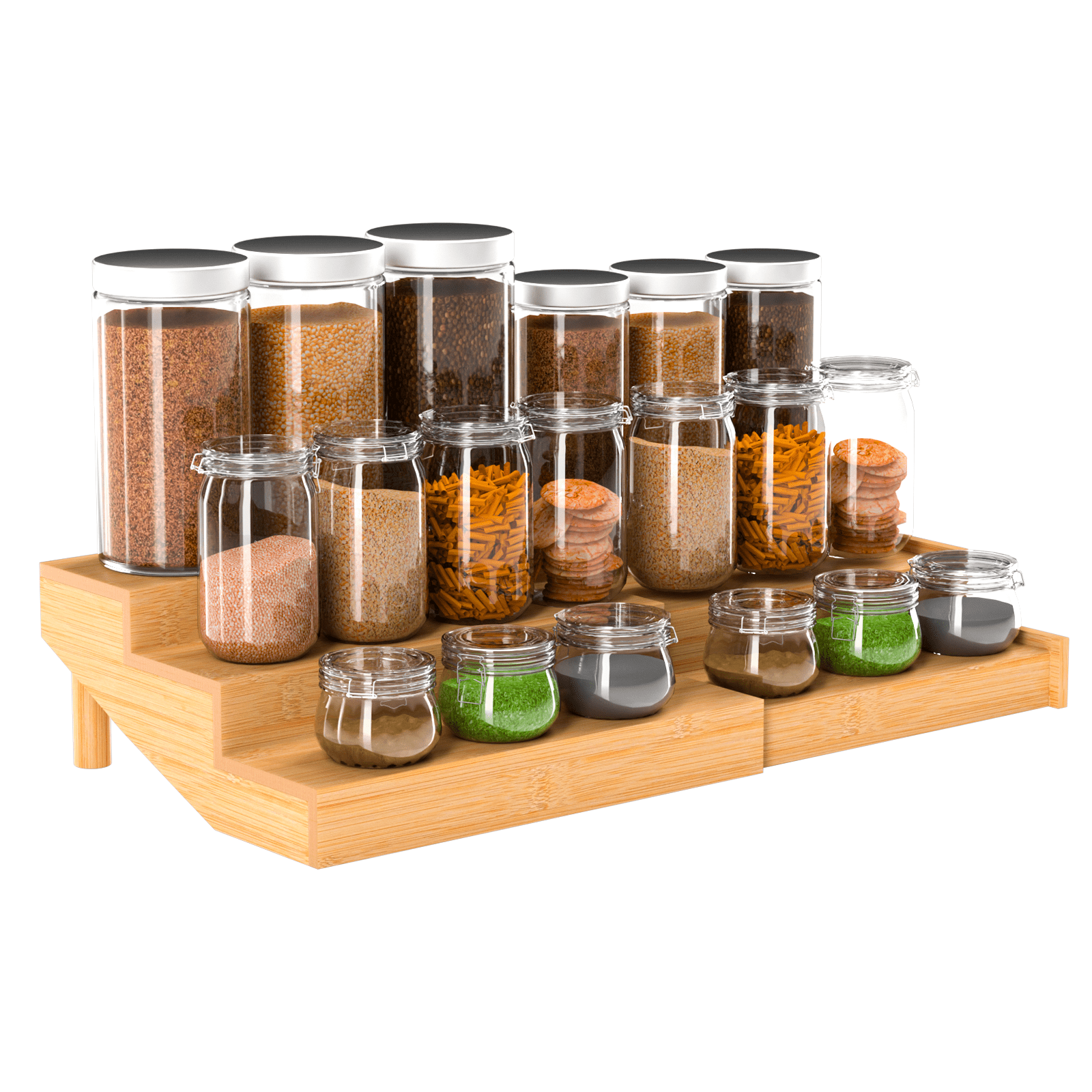 Spice Rack Expandable Kitchen Cabinet Organizer - 3 Tier Bamboo Display Shelf, Adjustable 4 Tier Spice Pantry Cupboard Racks (Adjustment style)