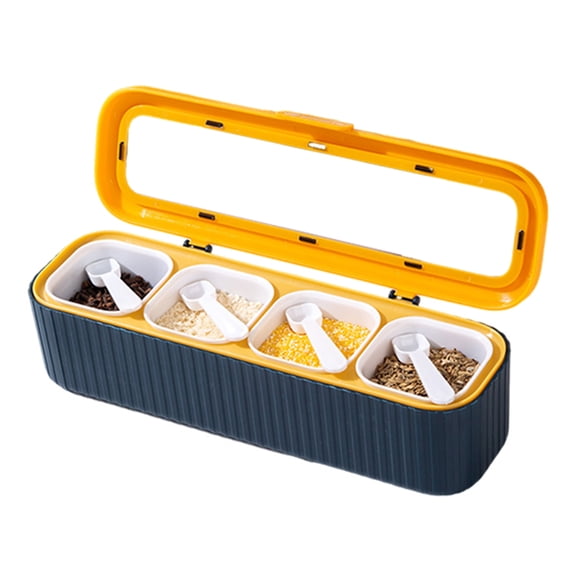 Spice Rack Four-Compartment Home Set Spice Storage With Spoon Kitchen Seasoning Box Blue