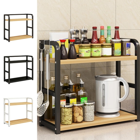 Spice Rack Kitchen Organizer, Two-tier Metal and Wood Storage Shelf for Seasonings and Canned Goods, Countertop Space Saver with Non-slip Pads, Topliu