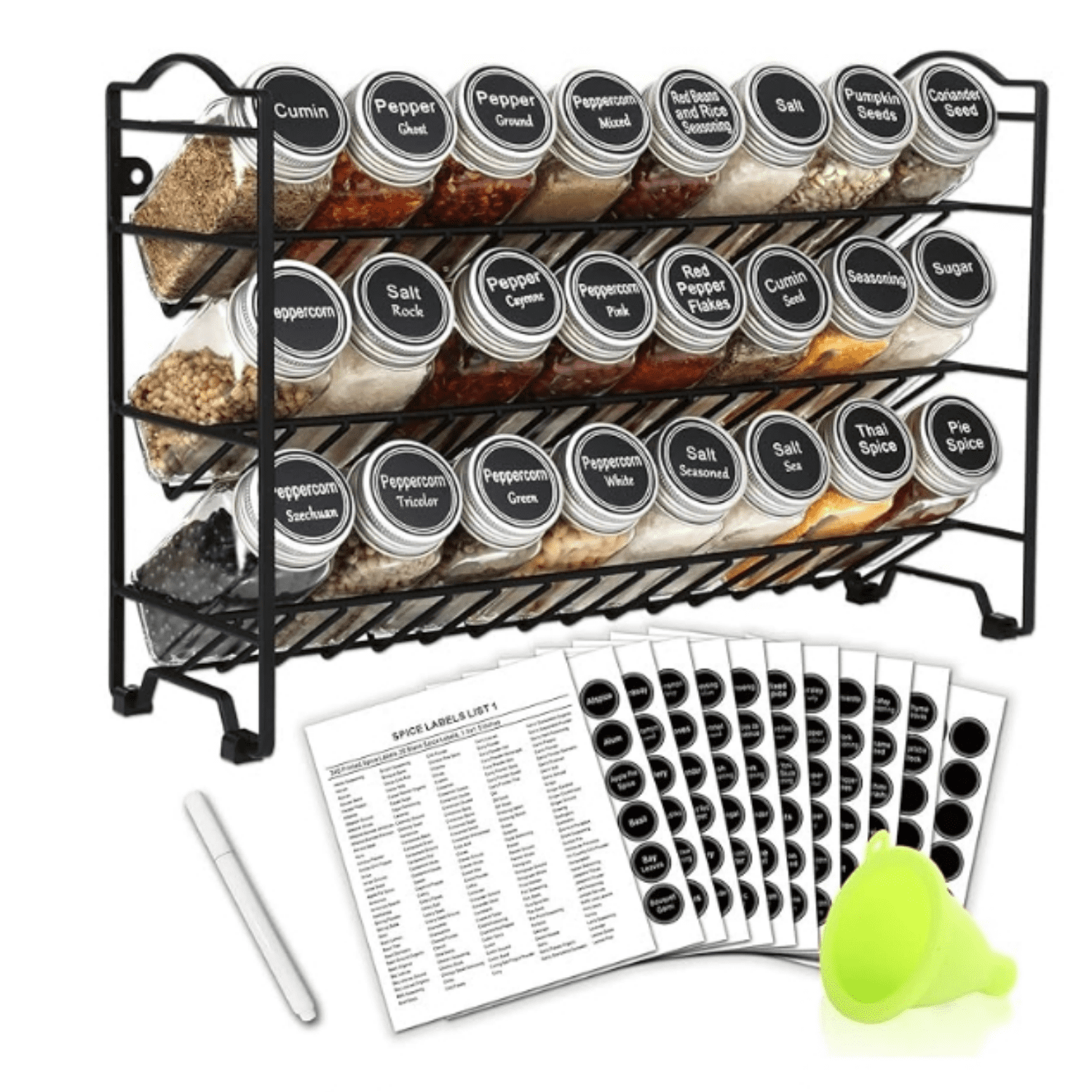 Spice Rack Organizer with 24 Empty Glass Spice Jars, 396 Spice Labels ...
