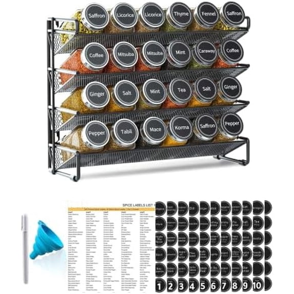 Spice Rack Organizer with 24 Spice Jars, 386 Spice Labels, Chalk Marker and Funnel Set for Cabinet, Countertop, Pantry, Cupboard or Door & Wall Mount -24 Jars, 11.8" W × 10.8" H, Black