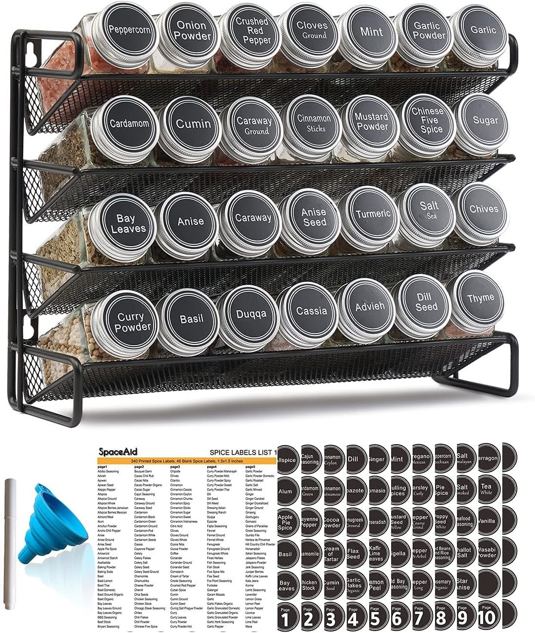 Porta Spezie SpaceAid Con 36 Barattoli In Vetro, 386 Etichette, Imbuto E Pennarello, 4 Ripiani 43x27 Cm - 3