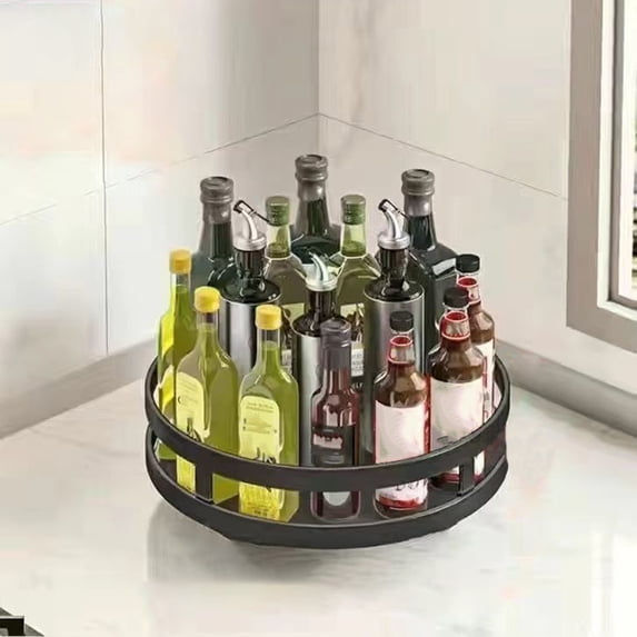 Spice Rack Organizer, 360 Degree Rotating Kitchen Spice Shelf, Metal Countertop Storage Supplies Shelf White Space Saving Easy Clean, Black