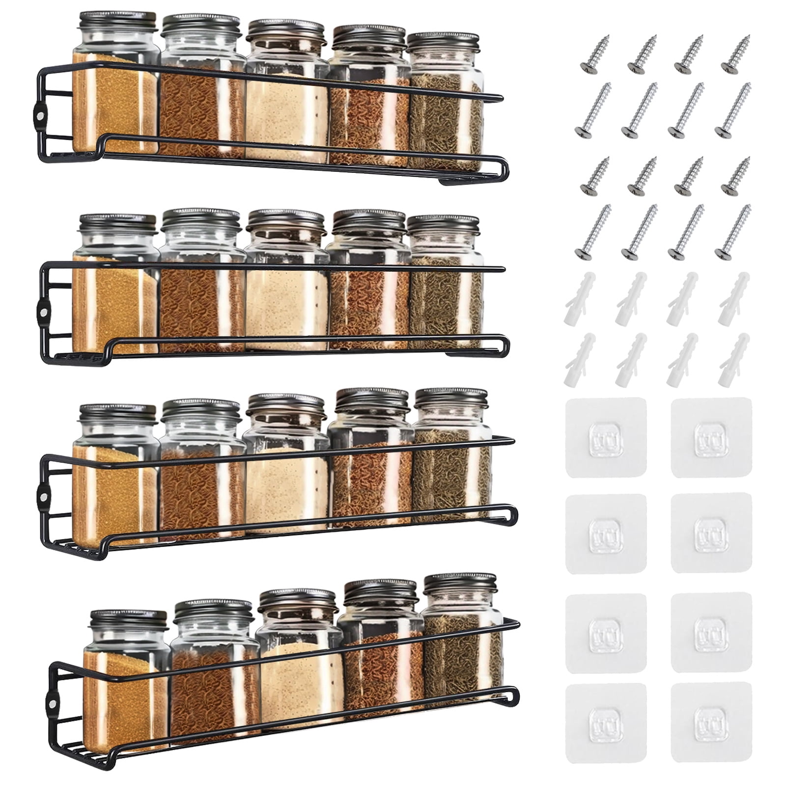 Spice Rack Organizer for Cabinets or Wall Mounts, 4 Tier Hanging Racks, Space Saving Seasoning Organizer for Kitchen Cabinet, Cupboard or Pantry Door, Metal, 11.4"