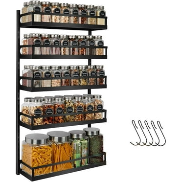 Spice Rack Organizer for Cabinets or Wall Mounts, X-cosrack 5 Tier Height-Adjustable Hanging Spice Shelf Storage with Hooks for Kitchen Pantry Cabinet,Black