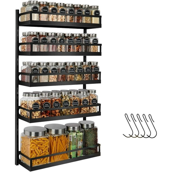 Spice Rack Organizer for Cabinets or Wall Mounts, X-cosrack 5 Tier Height-Adjustable Hanging Spice Shelf Storage with Hooks for Kitchen Pantry Cabinet,Black