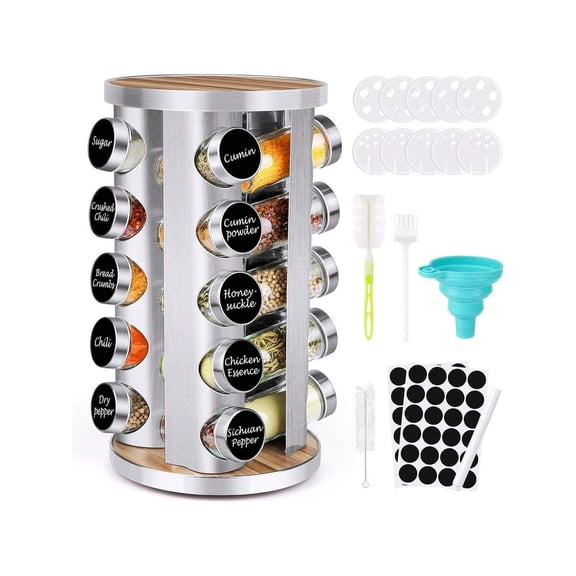 Spice Rack Organizer With Jars For Cabinet (20Pcs) Revolving/Rotating Seasoning Organizer,Stainless Steel/Wooden Countertop Rack Tower Organizer For Kitchen Pantry With Reusable Labels/Funnel/Brushes