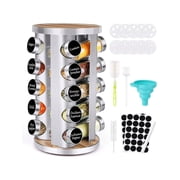 Spice Rack Organizer With Jars For Cabinet 20Pcs Revolving/Rotating Seasoning Organizer,Stainless Steel/Wooden Countertop Rack Tower Organizer For Kitchen Pantry With Reusable Labels/Funnel/Brushes
