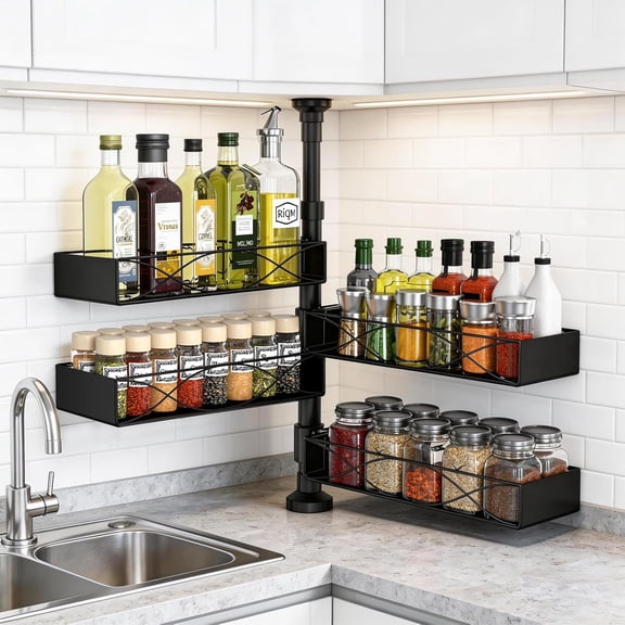 Spice Rack Organizer Tension Pole, 4-Tier Adjustable Spice Organizer | 16.5-23.6 Inch, Seasoning Organizer for Countertop, Space-Saving Spice Storage Corner Shelf for Kitchen, Coffee Area,No Drill