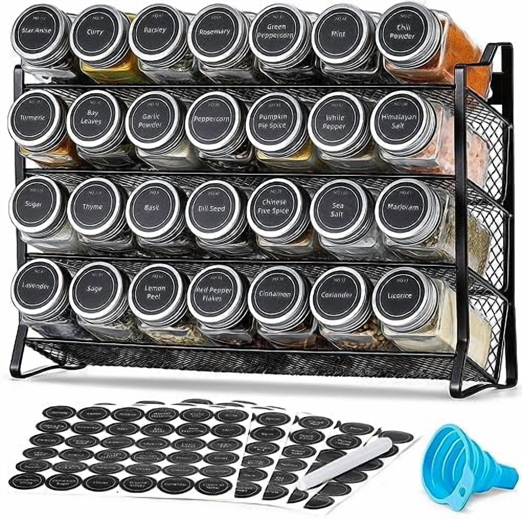 Spice Rack Organizer with 28 Empty Spice Jars with Silver Lids, Funnel ...