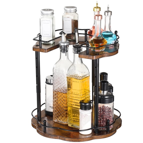 Spice Rack Revolving Organizer, Dual Tier Lazy Susan for Pantry, Wood Bottom, Height Customizable, Black Metal Structure, Accommodates Numerous Spice Jars, Ideal for Kitchen Storage Solutions
