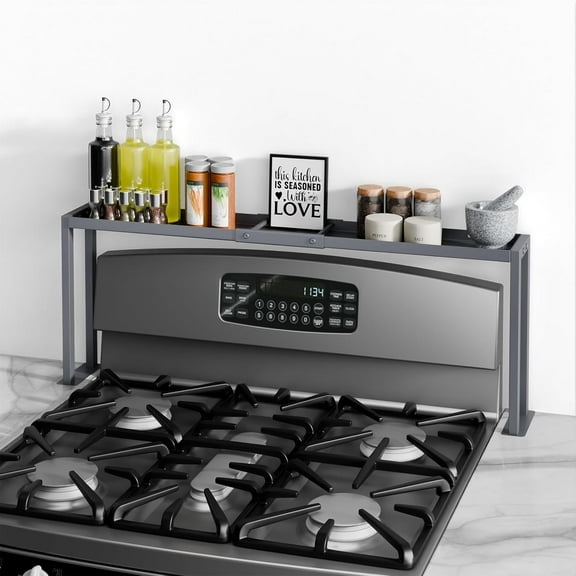 Spice Rack Shelf for Kitchen Stove, 32" Stove Top Shelf, Adjustable Oven Spice Rack, Seasoning Organizer Kitchen Shelves, Grey